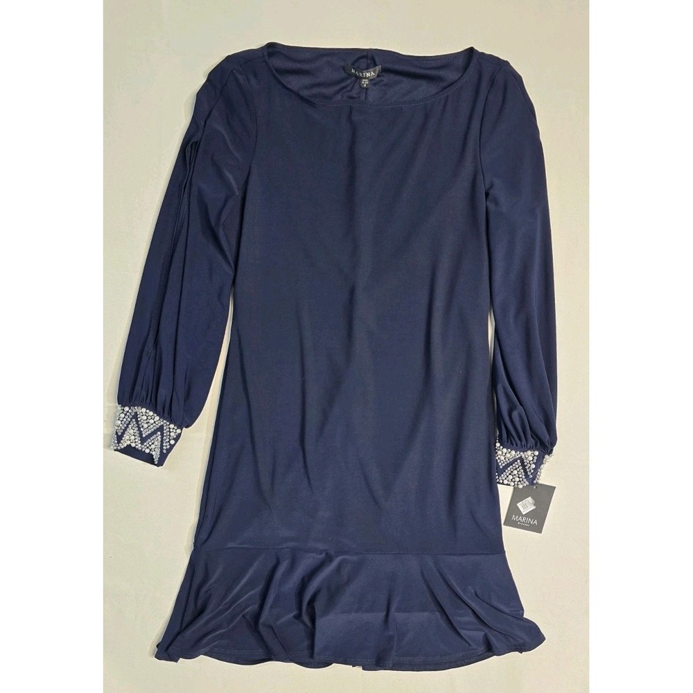 Marina Shift Dress Women's 4 Blue Embellished‎ Flounce Midi NWT